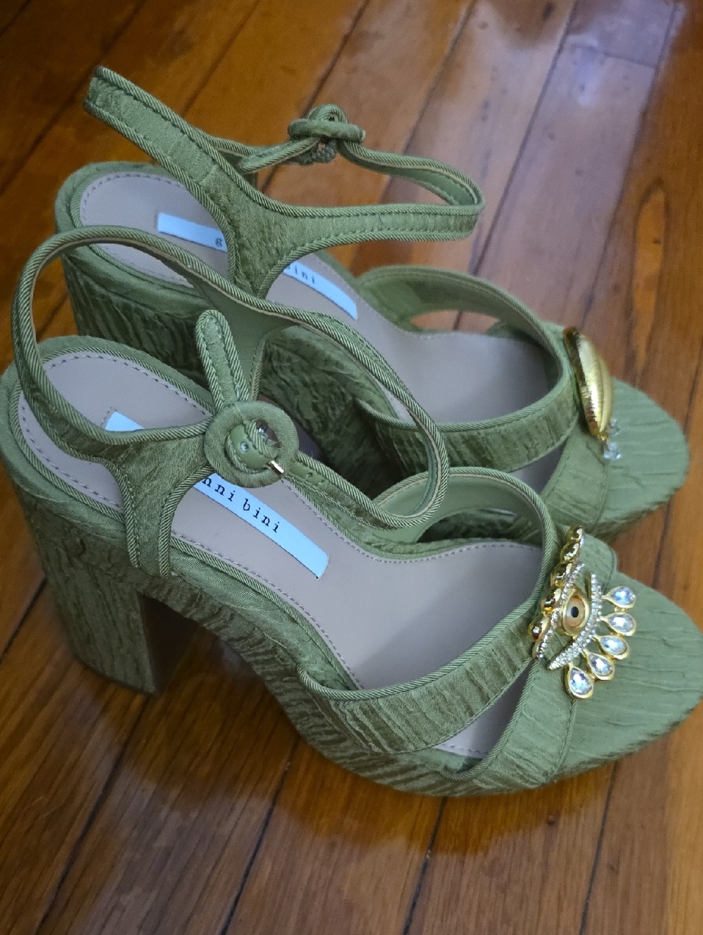 Gianni Bini Olive Green Embellished Ankle-Strap Heels - Picture 2 of 5